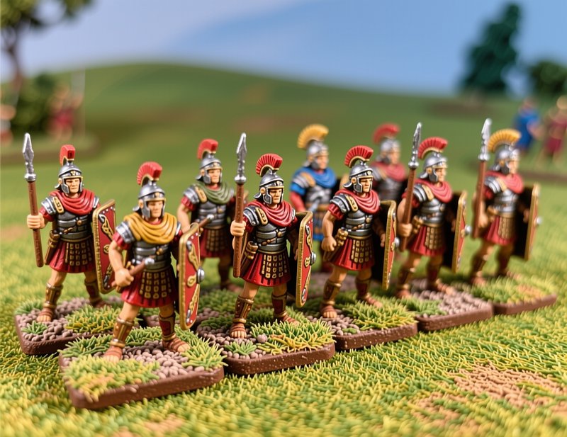 Row of miniature Roman soldiers in red and gold armor on a grassy battlefield