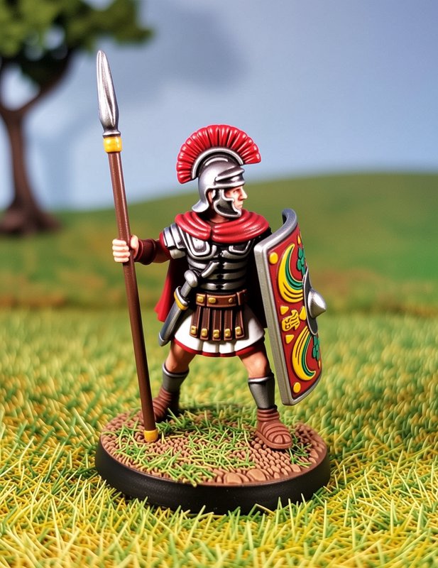 Painted Roman legionary miniature with spear and shield on a grassy diorama base