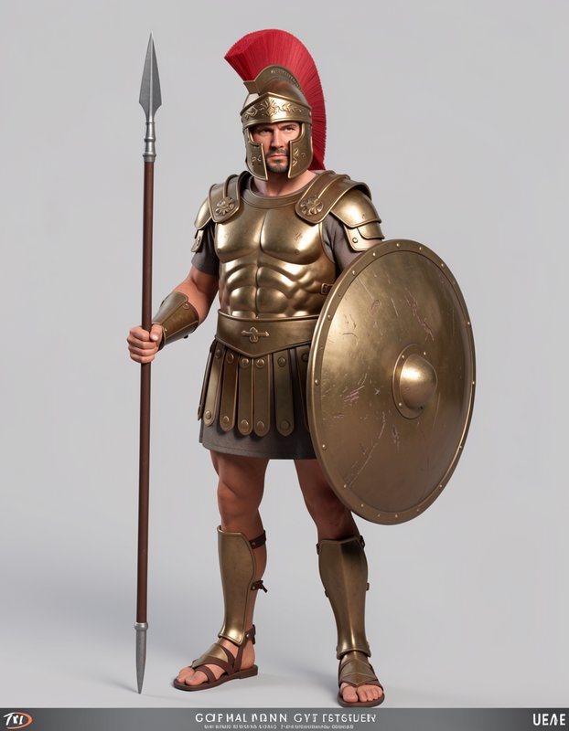 "3D rendered ancient Greco-Roman warrior (hoplite/centurion) in brass armor, holding a spear and ...