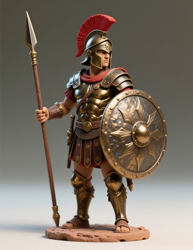 Stylized 3D Roman centurion figurine in gold armor, holding a wooden spear and ornate bronze shie...