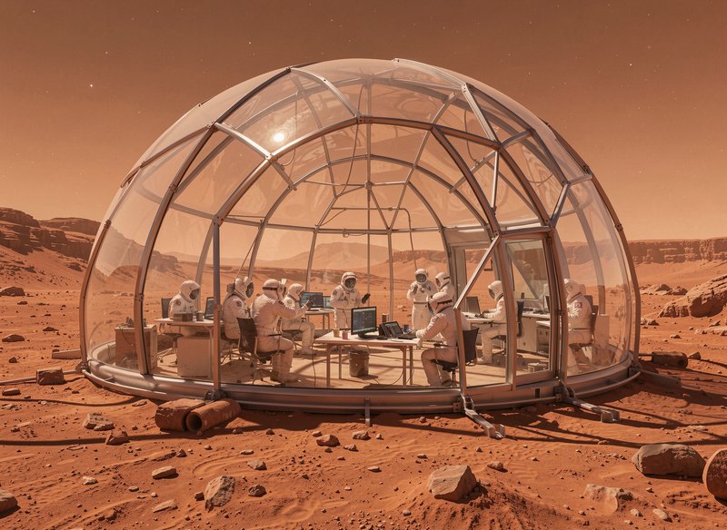 Astronauts in spacesuits work inside a clear geodesic Mars habitat dome on the rocky, rust-colore...