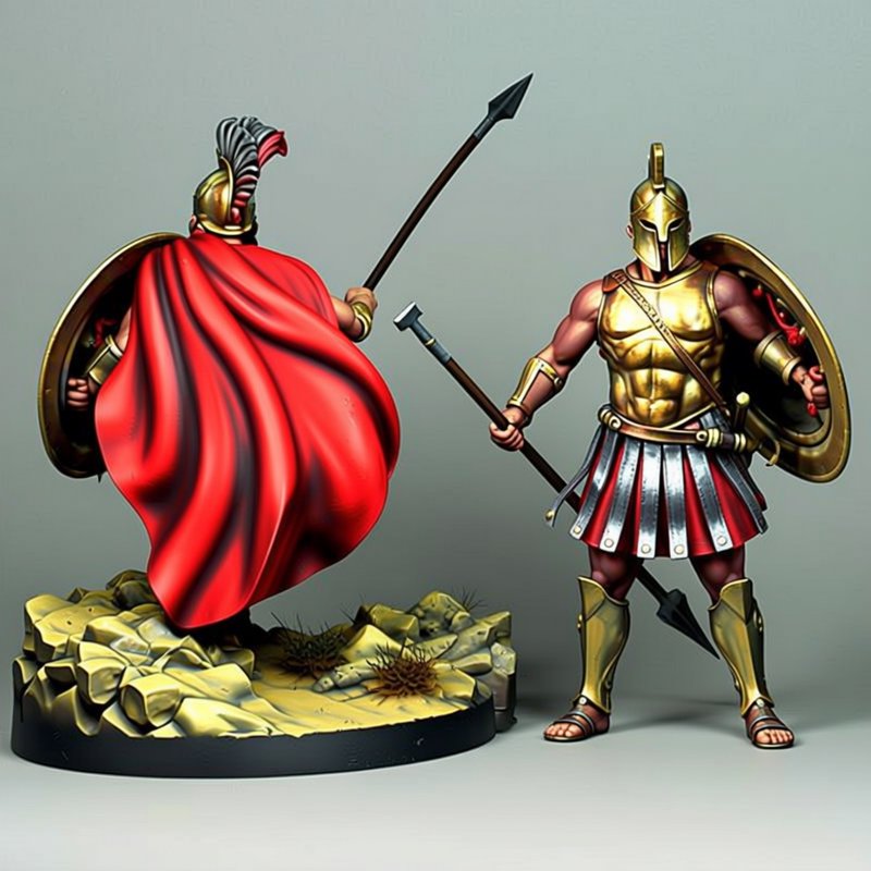 Two detailed painted Spartan warrior tabletop miniatures, battle-posed, with golden armor, spears...