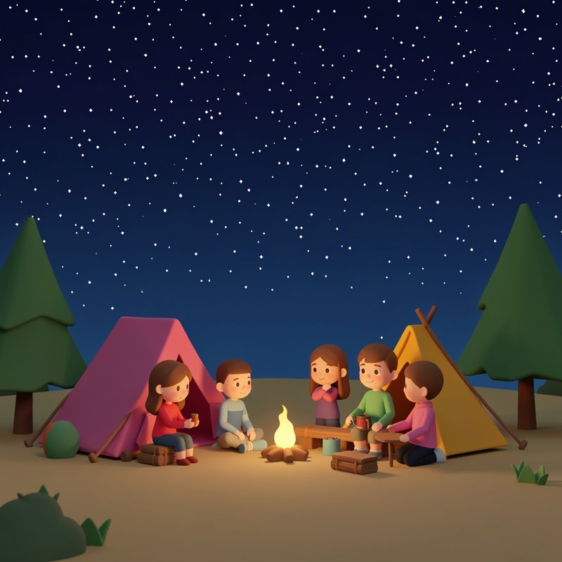 3D cartoon of five child friends gathered around a campfire while camping under a starry night sk...