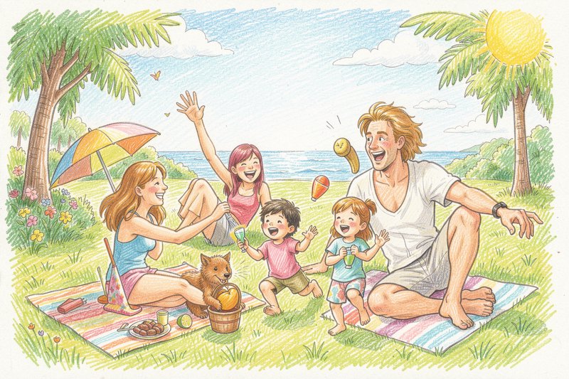 Colored pencil illustration of a joyful family and pet dog laughing and playing during a sunny co...