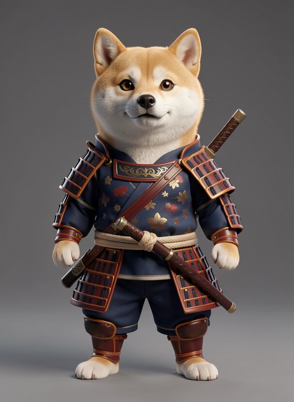 3D anthropomorphic Shiba Inu dressed in traditional Japanese samurai armor with dual katana sword...