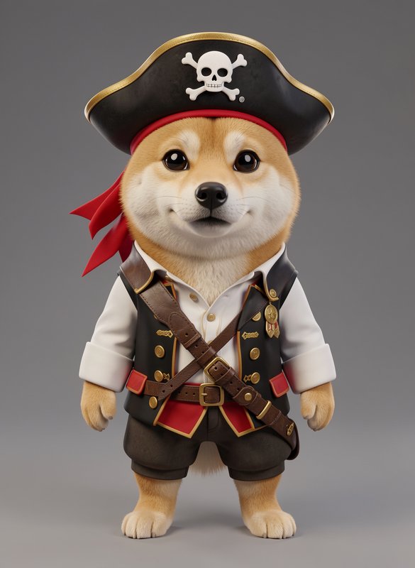 Cute 3D rendered Shiba Inu wearing a detailed pirate captain costume, standing against a plain ne...