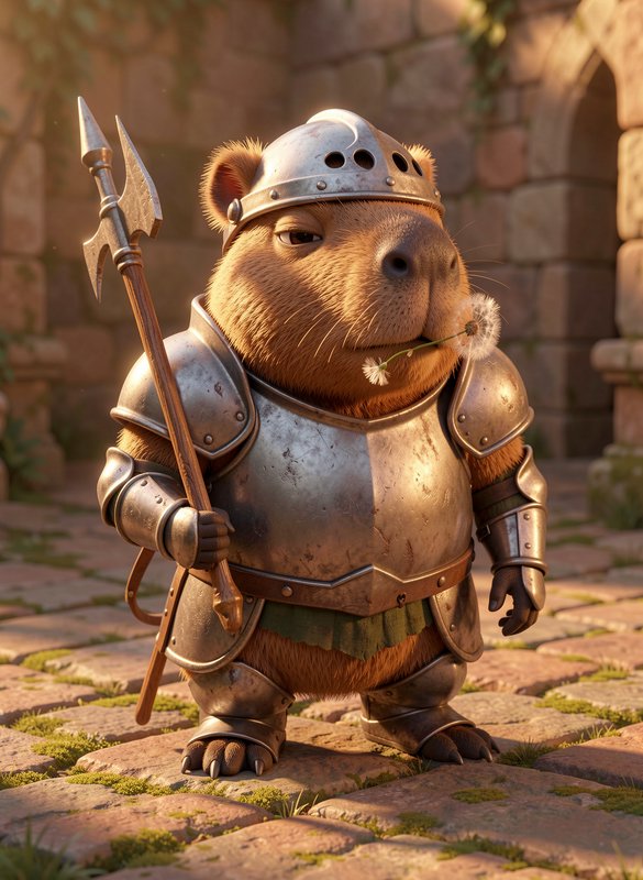 Anthropomorphic capybara knight in worn steel armor holds a polearm, dandelion in mouth, standing...