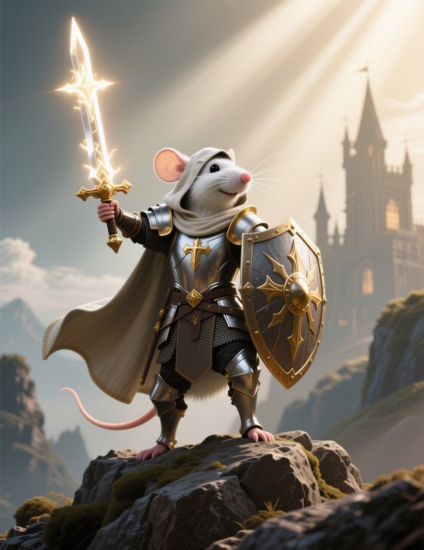 Anthropomorphic mouse paladin in armor holds a glowing holy sword, standing on rocky high ground ...