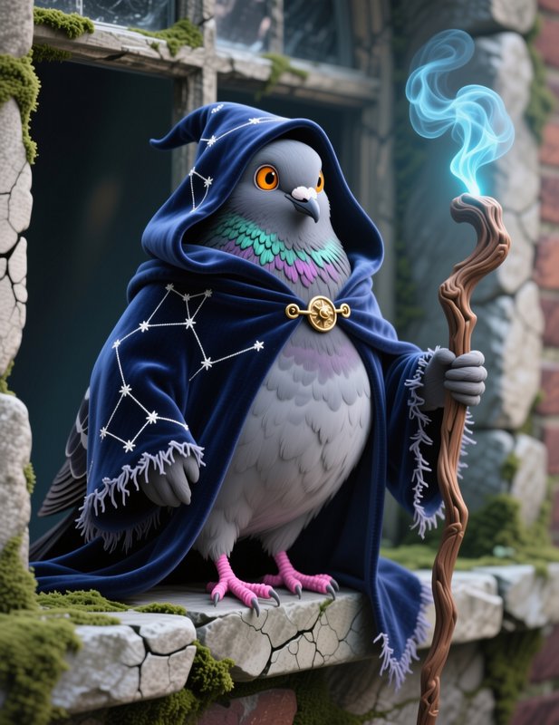 Anthropomorphic pigeon wizard in constellation embroidered blue cloak holds glowing magic staff p...