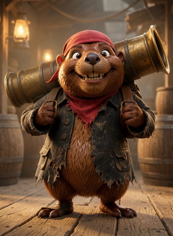 Cheerful grinning anthropomorphic beaver pirate carrying a brass cannon on his back inside a lant...