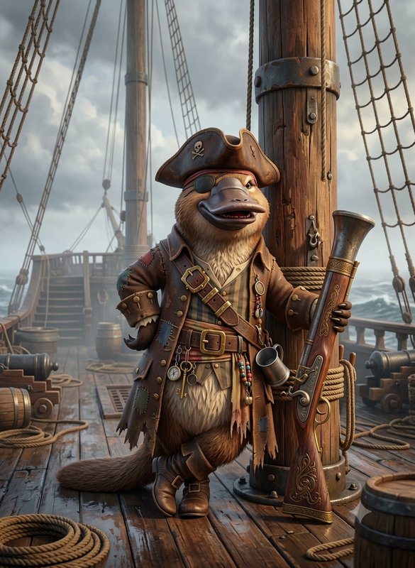 Anthropomorphic platypus pirate captain stands on a weathered wooden tall ship deck holding an or...