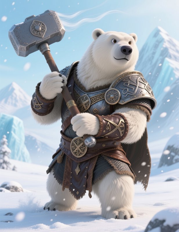 Armored viking anthropomorphic polar bear holding an ornate war hammer in a snowy arctic mountain...