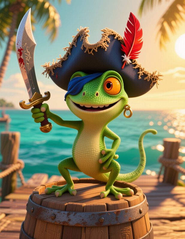 3D cartoon green gecko pirate with eye patch and tricorn hat holds a sword while standing on a ba...