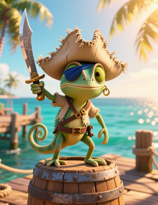 Cute 3D cartoon chameleon pirate with eye patch holds a cutlass, standing on a barrel on a tropic...