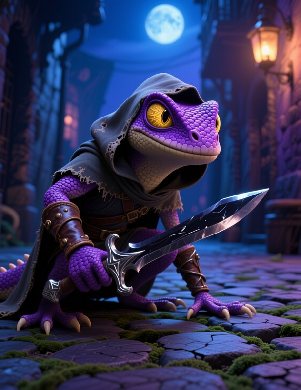 Crouched purple hooded reptilian rogue holding an ornate dagger in a moonlit medieval cobblestone...