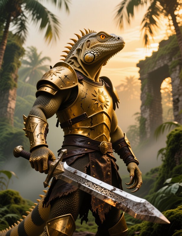 Anthropomorphic iguana warrior in gilded sun armor holds an engraved greatsword amid misty jungle...