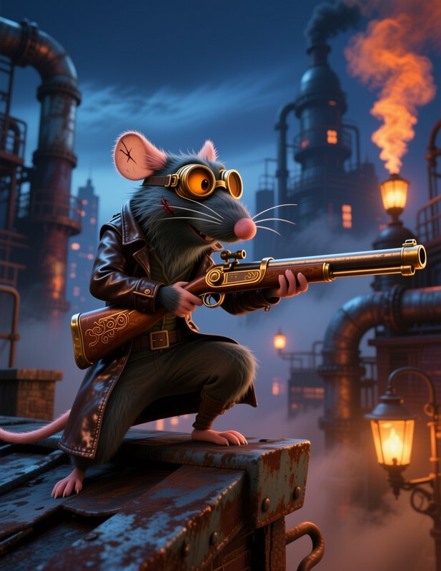 Anthropomorphic steampunk rat with brass goggles crouches on a rusted rooftop aiming an ornate ri...