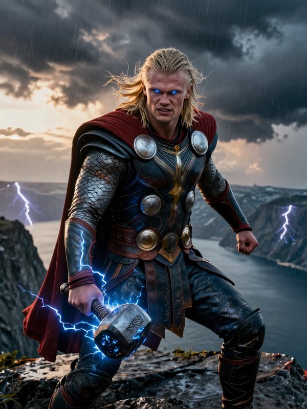 Thor the Norse God of Thunder stands on a cliff holding lightning-charged Mjolnir, glowing eyes, ...