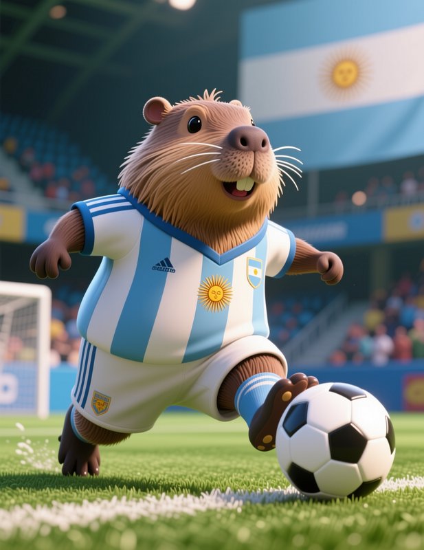 3D cartoon capybara in an Argentina soccer uniform dribbles a football on a grass stadium pitch