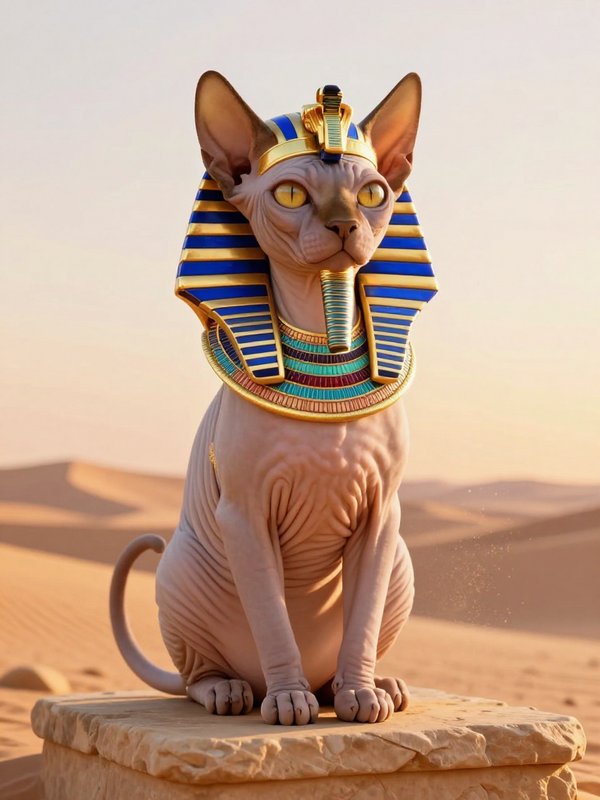 Regal hairless Sphynx cat wearing Egyptian pharaoh regalia sits on a sandstone pedestal in a sunl...