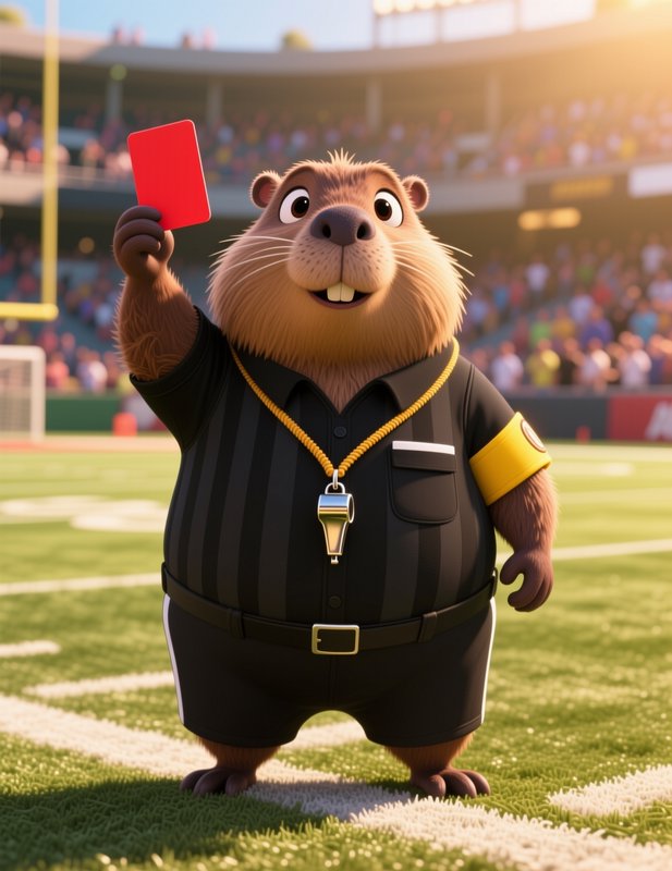 Animated beaver referee holding up a red card while standing on a sunlit football stadium field