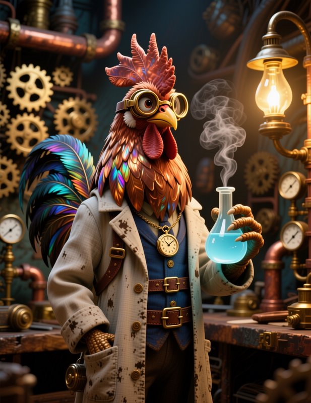 Anthropomorphic steampunk rooster scientist holds a smoking blue potion flask in a vintage gear-f...