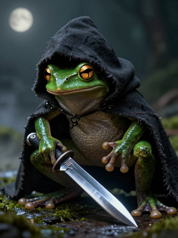 Crouching hooded green frog assassin grips a steel dagger in a misty moonlit night forest