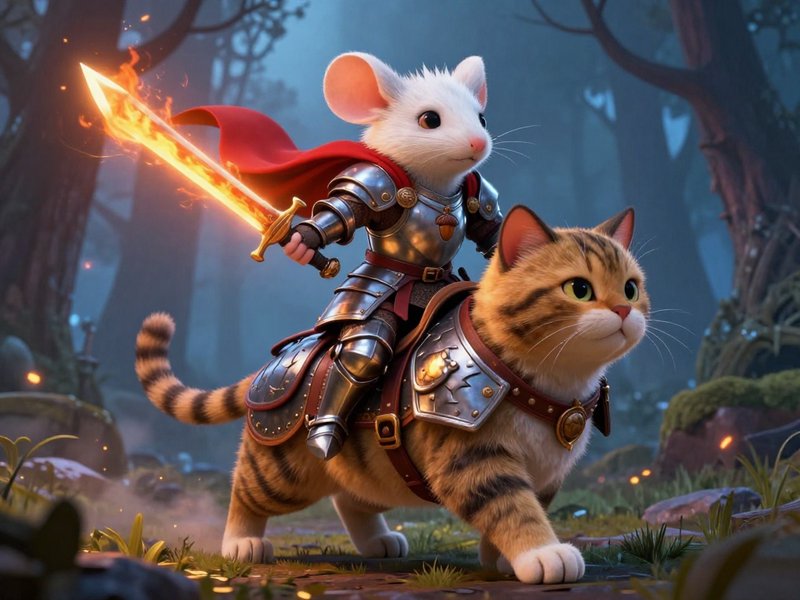 Armored white mouse knight holding a flaming sword rides an armored tabby cat through a misty mag...