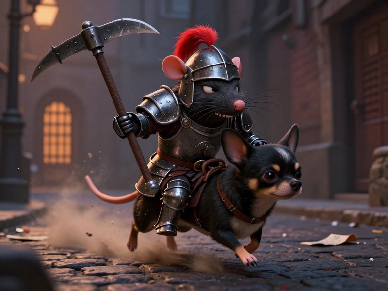 Armored rat knight wielding a pickaxe rides a galloping chihuahua through a misty cobblestone old...