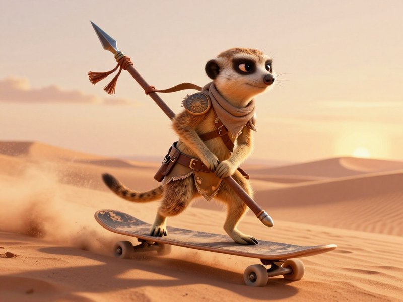 Armored warrior meerkat holding a spear rides a skateboard across sunlit desert sand dunes at gol...