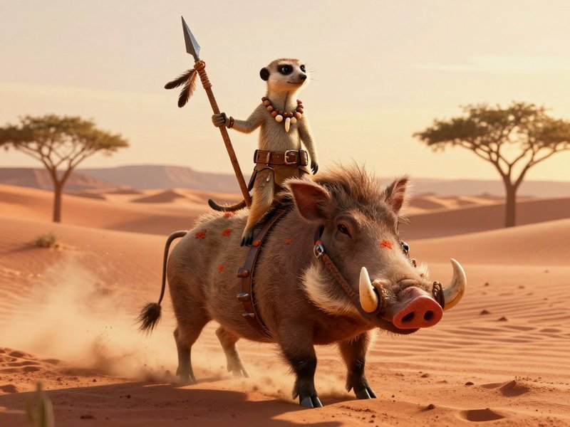 Anthropomorphic tribal meerkat warrior holding a feathered spear rides a harnessed warthog across...
