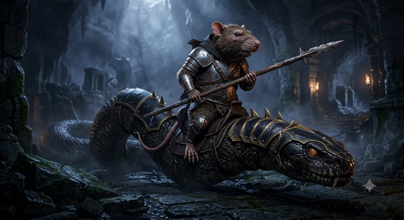 Armored anthropomorphic rat warrior with a spear rides an armored giant serpent through a misty s...
