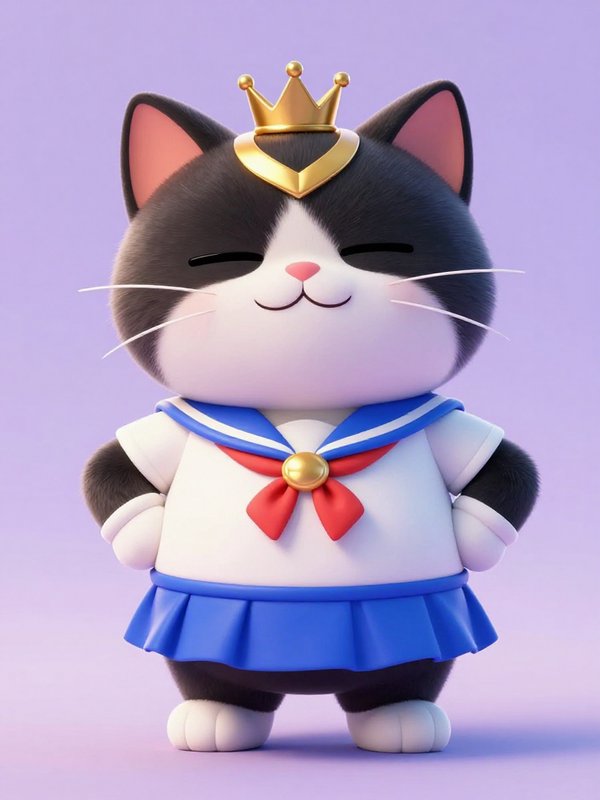 Cute 3D chibi tuxedo cat in Sailor Moon cosplay with tiny gold crown, smiling closed-eye against ...