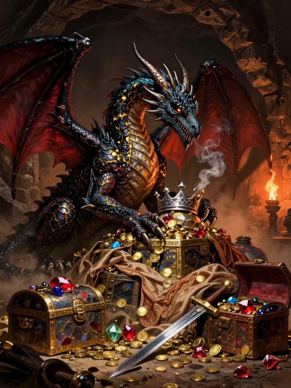 Armored black fantasy dragon guards a hoard of gold, gems, and treasure in a torchlit stone cave ...