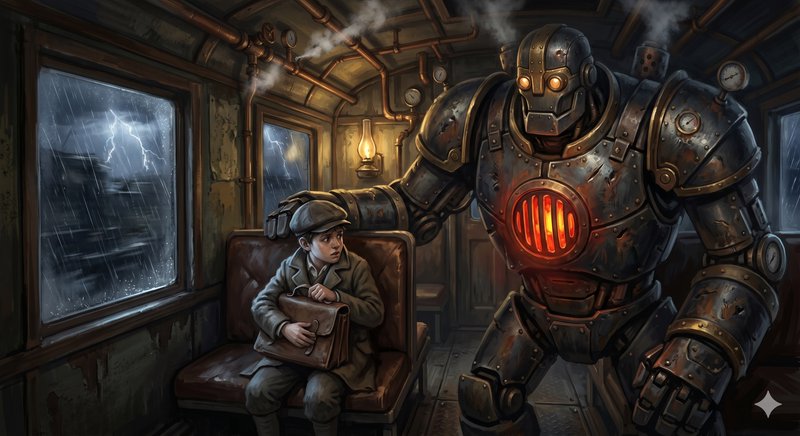 Steampunk iron automaton rests a hand on a nervous boy seated inside a stormy vintage steam train...