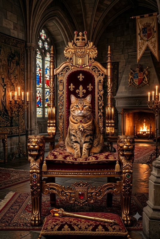 Regal tabby cat wearing a jeweled royal collar sits proudly on an ornate gilded throne inside a m...