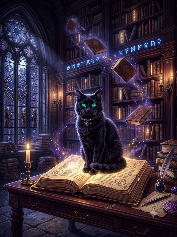 Black cat familiar with glowing green eyes sits on an open spellbook in a magical gothic wizard l...