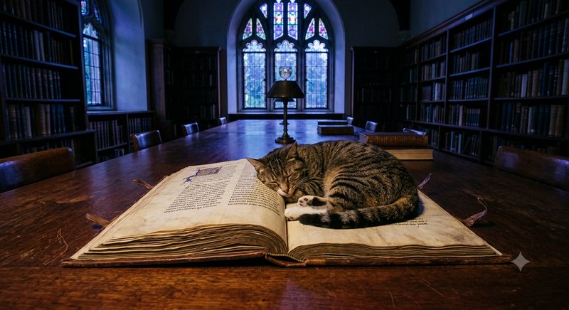 Tabby cat asleep curled on an open antique book resting on a historic library reading table