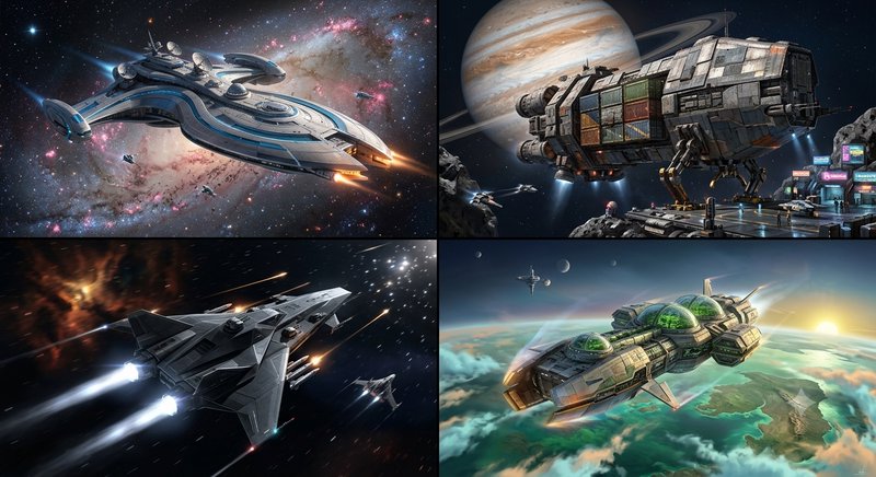Four panel collage of distinct futuristic spaceship designs set in varied outer space environments