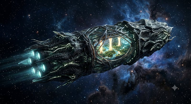 Biomechanical alien generation ship holding a lush enclosed ecosystem travels through starry deep space