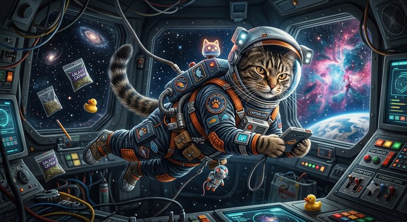 Tabby cat astronaut floats weightless in a spaceship cockpit, outer space visible through surrounding viewports