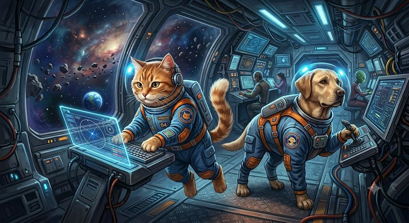 Orange tabby cat and golden Labrador in astronaut suits operate controls inside a futuristic spaceship with deep space views