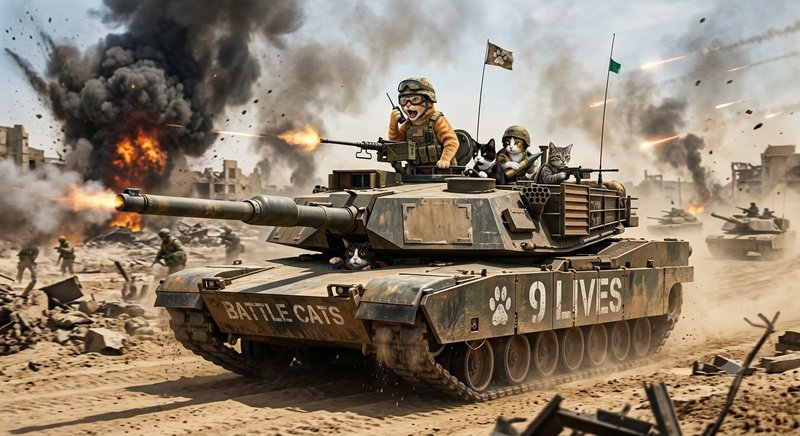 Anthropomorphic cat soldiers man a "Battle Cats 9 Lives" combat tank on a chaotic wartime battlefield