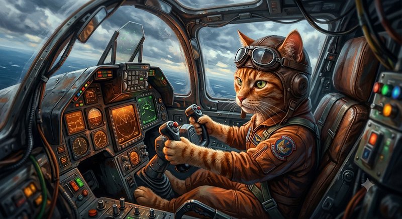 Ginger tabby cat wearing pilot gear flies an aircraft from a detailed cockpit over a cloudy ocean