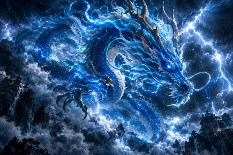 Glowing blue eastern storm dragon soaring through lightning streaked clouds above misty mountain ...