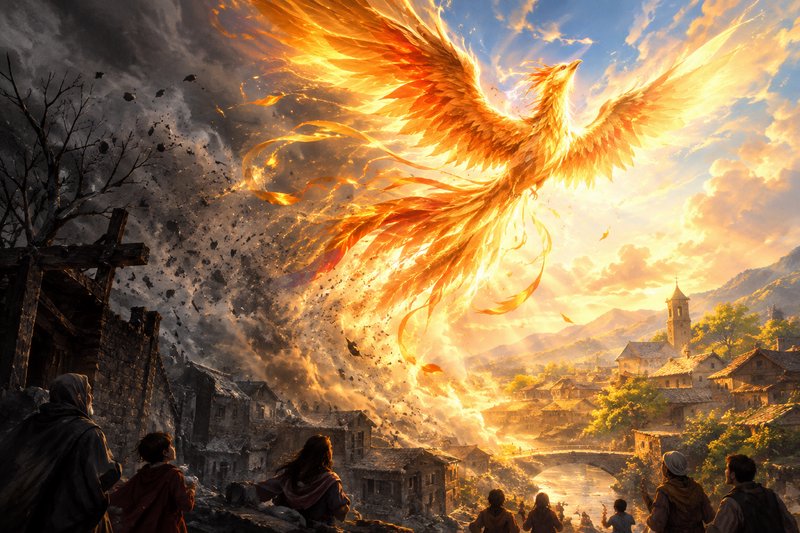 Giant glowing fiery phoenix rises above village ruins as awestruck onlookers gaze up from a hillside