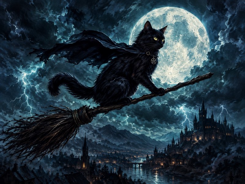 Black witch cat with a pentagram necklace flies on a broomstick beneath a giant full moon over a ...
