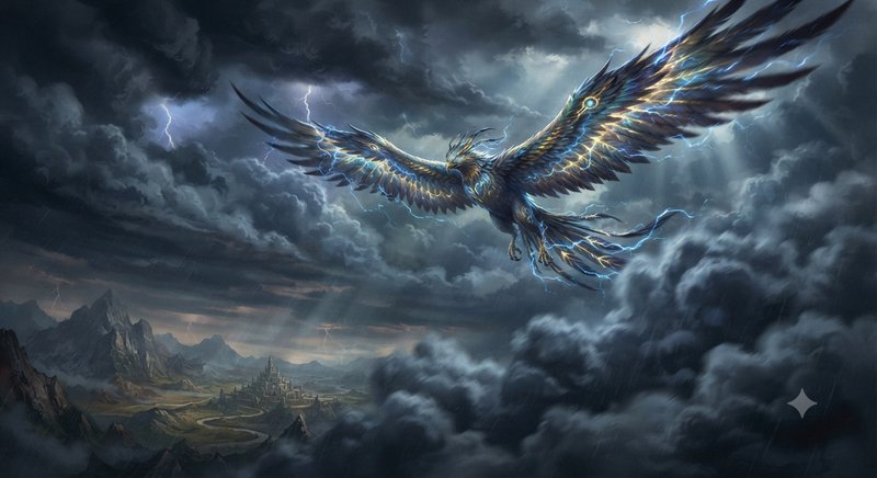 Mythic lightning phoenix soaring through roiling storm clouds above a fantasy mountain valley