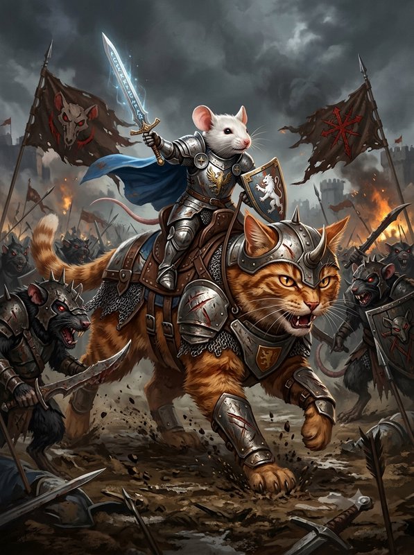 Armored mouse knight riding an armored tabby war cat charges into a stormy battlefield against rat foes