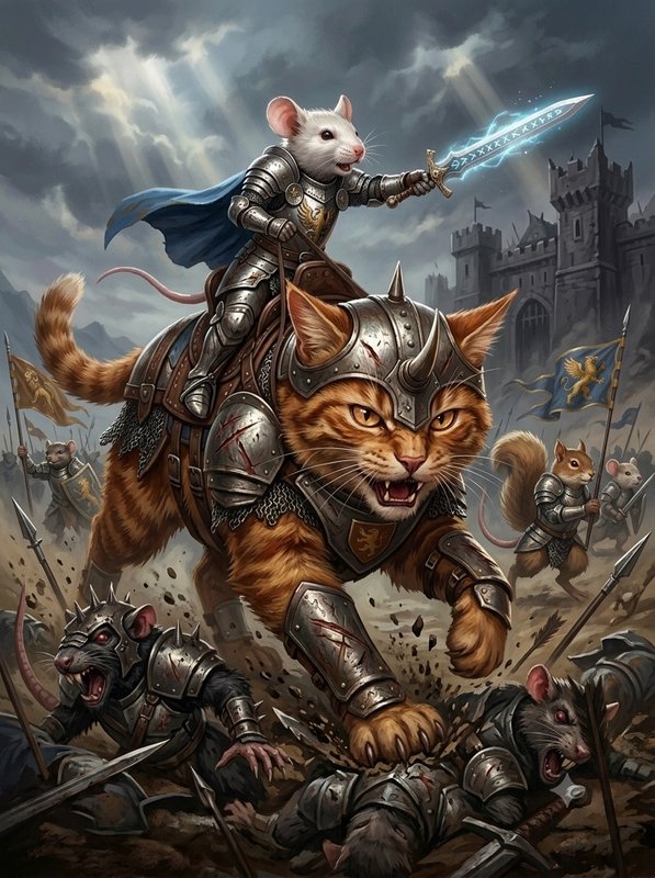Armored mouse knight wields a glowing magic sword while riding an armored war cat into a fantasy battle